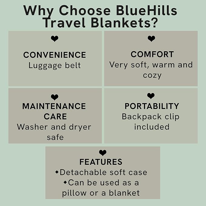 BlueHills Premium Soft Travel Blanket Pillow Airplane Flight Blanket Throw in Ultra-Soft Bag Pillow case Luggage Sleeve & Backpack Clip Large Air Warm Traveler Essentials - Light Gray T024