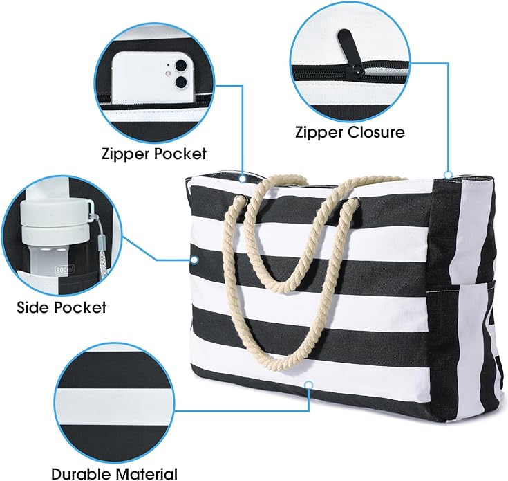Becokan Beach Bag Large Beach Tote Bag for Women Waterproof Sandproof Swim Pool Bag With Zipper