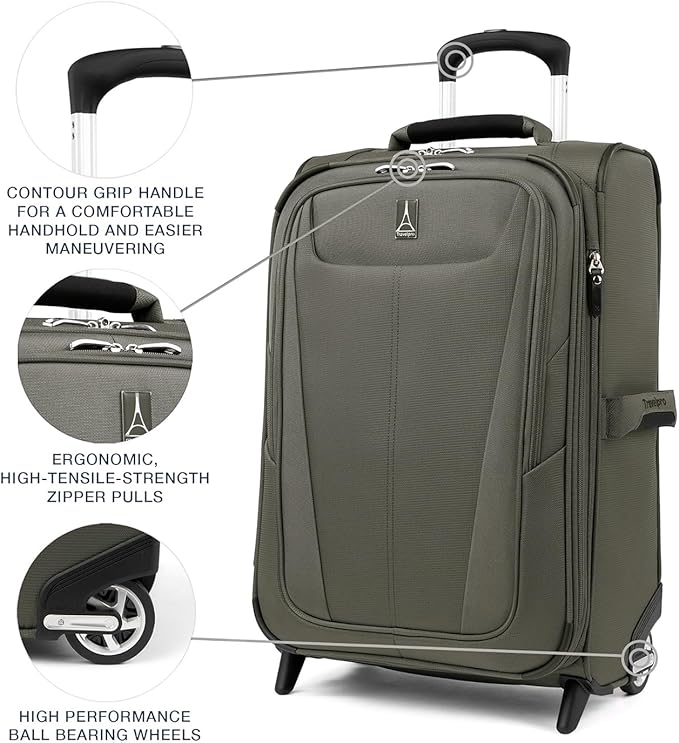 Travelpro Maxlite 5 Softside Expandable Upright 2 Wheel Checked Luggage, Lightweight Suitcase, Men and Women, Slate Green, Checked Medium 26-Inch