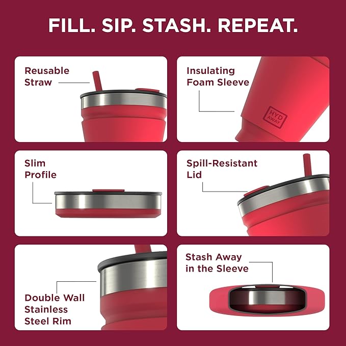 HYDAWAY 16oz Collapsible Tumbler - BPA-Free, Reusable Silicone Cup with Lid & Insulating Sleeve - Perfect for Coffee, Travel, and Everyday Use