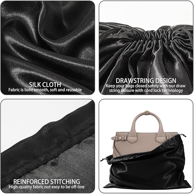 6 Pack Dust Bags for Handbags Silk Dust Cover Bag for Handbags Purses Shoes Boots, Silk Dustproof Drawstring Bag Travel Storage Pouch (Black, 19.6 × 15.7 in)