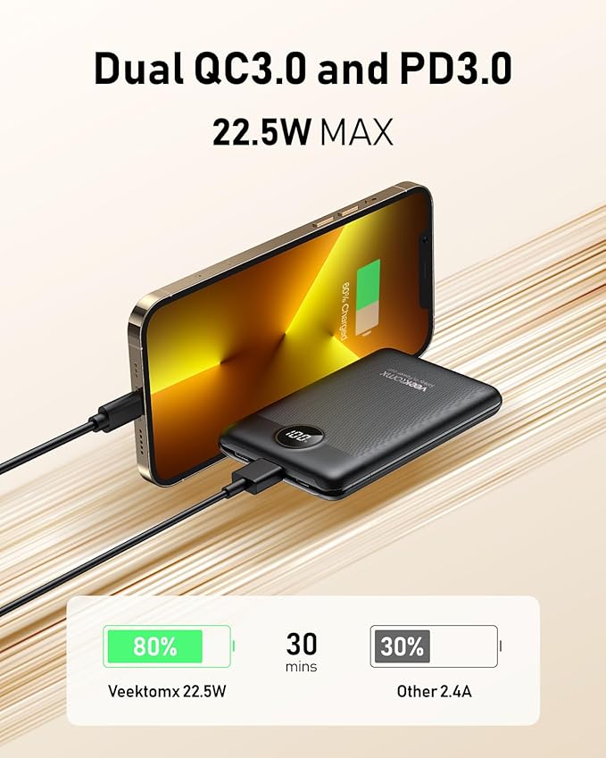 VEEKTOMX Small Portable Charger, Mini Power Bank 10000mAh, PD 22.5W Fast Charging USB-C Battery Bank, Travel Essentials Dual Voltage External Portable Powerbank for iPhone/Samsung/Google Pixel, Black