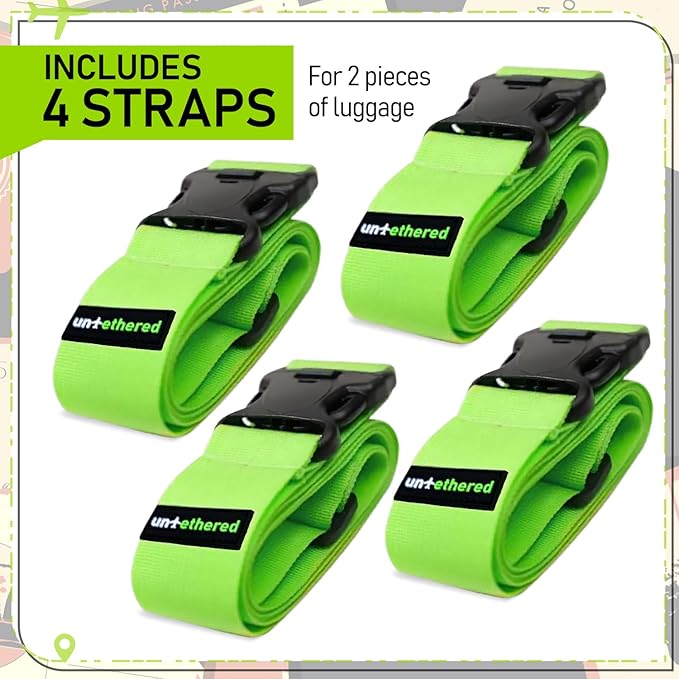 Untethered Luggage Straps | TSA-Approved Suitcase Belts with Heavy-Duty Buckles. Secure Adjustable Travel Accessories for Checked Bags. 4-Pack