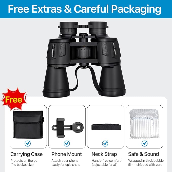 20x50 High Power Binoculars for Bird Watching 28mm Large Eyepiece Life Waterproof Binoculars for Hunting Hiking Concert Travel with Smartphone Adapter BAK4 Prism FMC Lens, Black