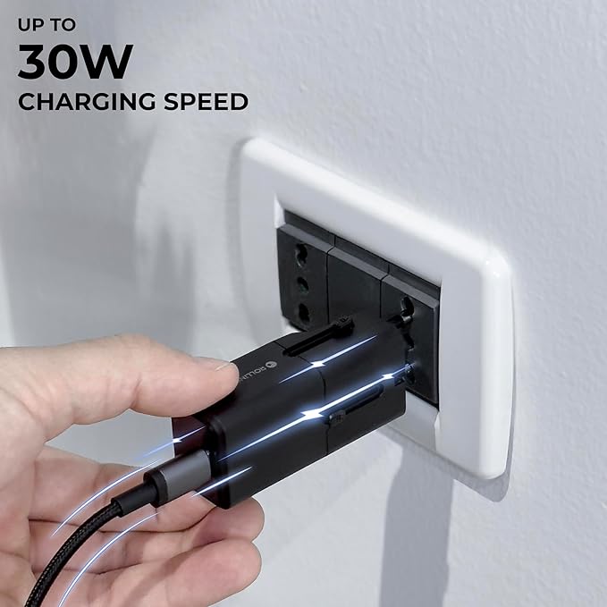 Rolling Square Portable Pocket Travel Adapter I Universal USB-C Charger for 200+ Countries I US, EU, UK, AU Plug 30W Fast Charging for Smartphones, Tablets & More I Compact & Lightweight I Black