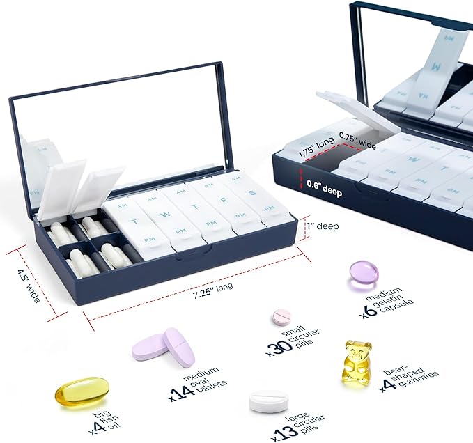 PORT X POLISH Designer Weekly Pill Box Organizer (AM/PM 2X Daily, Mint) | Compact, Stylish 7-Day Vitamin Supplement Case | Cute Portable Mini Travel Medicine Carrier | BPA-Free Pillbox Caddy