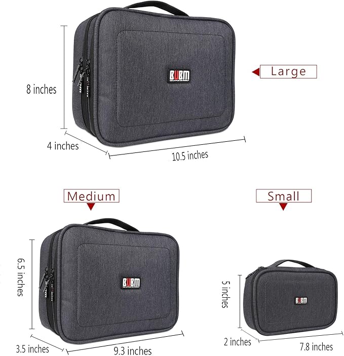 BUBM 3pcs Double Layer Electronic Organizer, Travel Gadgets Bag for Cables, External Flash Drive, Mouse, Memory Card, Power Bank and More, Compact and Multi-purpose, Black