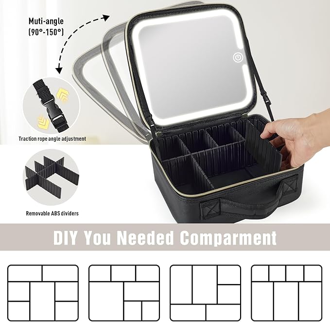 Makeup Bag with Removable Lighted Mirror, Travel Make up Bag with Lights Portable Makeup Case Organizer with Mirror 360° Adjustable Angle, Partitionable Cosmetic Bag Accessories Makeup Train Case Gift