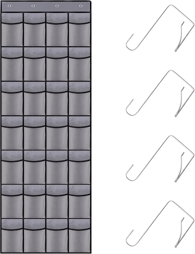 28 Mesh Pockets Hanging Shoe Organizer, Over the Door Shoe Organizer，Closet Storage Holder for Back of Door Storage Holder for Back of Door(Grey)