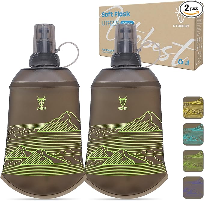 UTOBEST 200ml Soft Flask, 2 Pack Flexible TPU Hydration Water Bottle, Collapsible with 28mm Caliber for Running, Hiking, Cycling, Climbing, and Marathon Green
