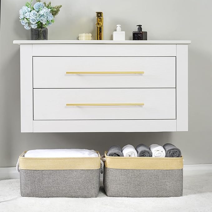 TheWarmHome Storage Basket - 15.7L×11.8W×8.3H 1 Pack Large Baskets for Organizing Shelves, Storage Bins for Clothes Book Shelf Home Fabric Storage Cubes (Gold and Grey)