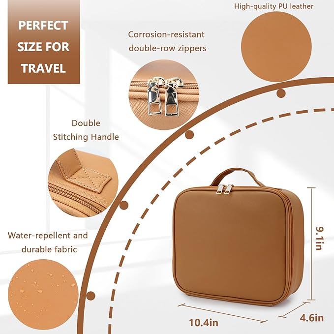 Travel Makeup Bag for Women and Makeup Artists Cosmetic Organizer Large Makeup Case,Travel Makeup Bag with Mirror 3 Color Setting,Portable Storage and Adjustable Dividers(light brown)