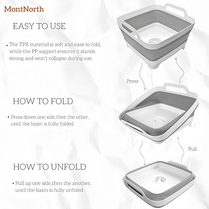 Collapsible Wash Basin 9L, Foldable Dish Tub with Drain Plug, Portable Collapsible Dish Basin, Camping Sink for Washing Dishes, Laundry & Kitchen Use,Gray