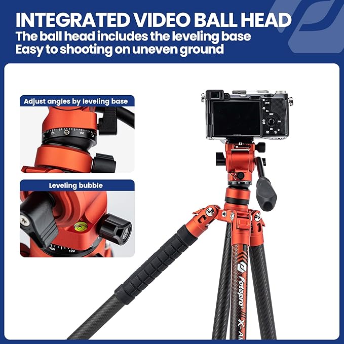 Fotopro Carbon Fiber Tripod 2.3lbs Ultralight 62 Inch Portable Travel Video Tripod for Camera DSLR Load up to 22lbs X-Aircross 3 Video Orange