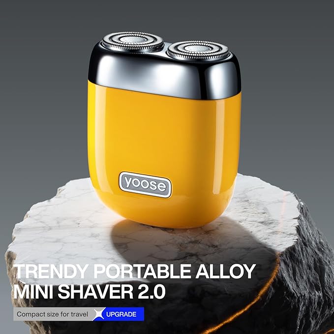 yoose Mini Electric Shaver, Alloy Portable Travel Shavers, Cordless Shaving, USB-C Rechargeable Electric Razor for Men, Dry Shave, IPX7 Waterproof, Detachable Head, Easy Cleaning, Yellow