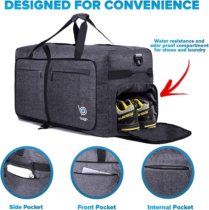 Bago Large Foldable Duffel Bags for Traveling Women & Men - 100L Packable Duffle Bag for Travel with Shoe Compartment - Water Repellant, Heavy Duty, Lightweight Folding & Collapsible (SnowBlack)