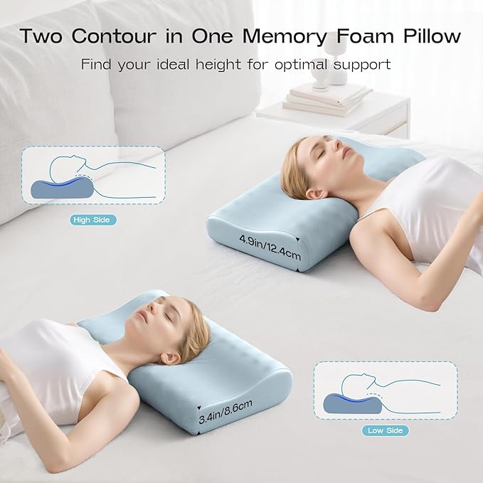 Cervical Neck Pillow for Sleeping - Memory Foam Pillows, Orthopedic Pillow for Neck and Shoulder Pain, Adjustable Cooling Contour Pillow (Misty Blue, Queen)