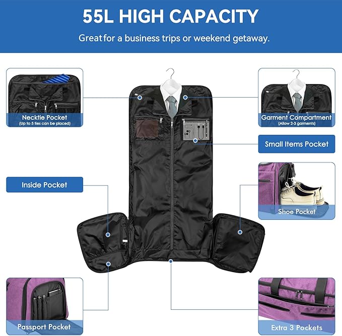 Bukere Carry on Garment Duffle Bag for Travel, Convertible Suit Bag with Backpack Shoulder Straps, Shoe Compartment, Waterproof 3 in 1 Weekender Suit Bag for Men Women