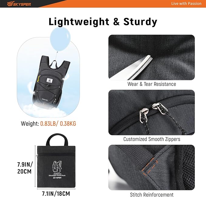 SKYSPER 15L/20L Foldable Hiking Backpack Lightweight Packable Travel Daypack with Chest Strap Small Folding Pack for Walking