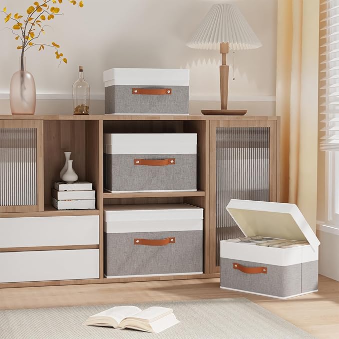 Fabric Storage Boxes with Lids, Linen Foldable Cloth Baskets, Closet Organizer Containers with Double Handles, Sweater Bins for Bedroom, White and Grey, 1 Pack, 13 x 9.1 x 7.9 Inch