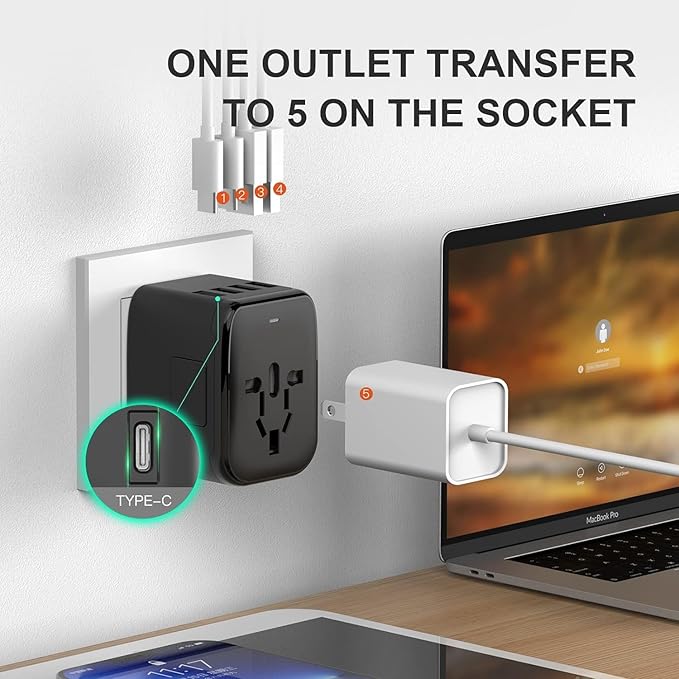 Universal Travel Adapter, 5 in 1 International Travel Plug Adapter with 2 USB A and 2 USB C, Worldwide Travel Plug Adaptor UK to European Power Socket Charger for EU USA UK AUS Asia