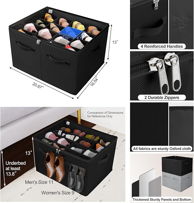 Shoe Organizer for Closet, Foldable Shoe Box with Adjustable Dividers and Clear Cover, Space Saving Shoe Storage Organizer Cabinet with Reinforced Handles, Fits 16 Pairs, Black, TP09B