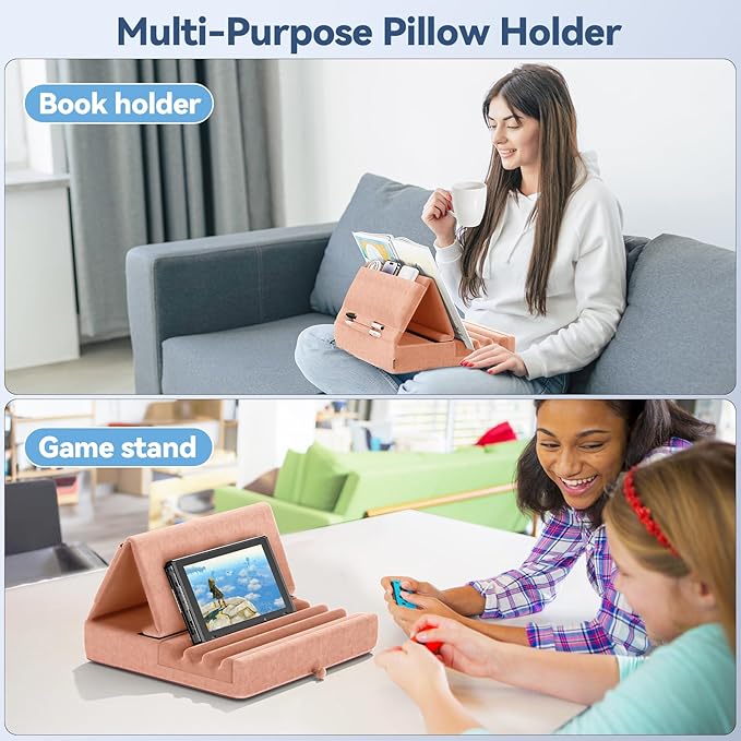 KDD Tablet Pillow Holder, Foldable iPad Stand for Lap, Bed and Desk -Tablet Soft Pad Dock with Pocket & Stylus Mount Compatible with iPad Pro 12.9, 10.5, 9.7 Air Mini 6 5 4 3, E-Reader