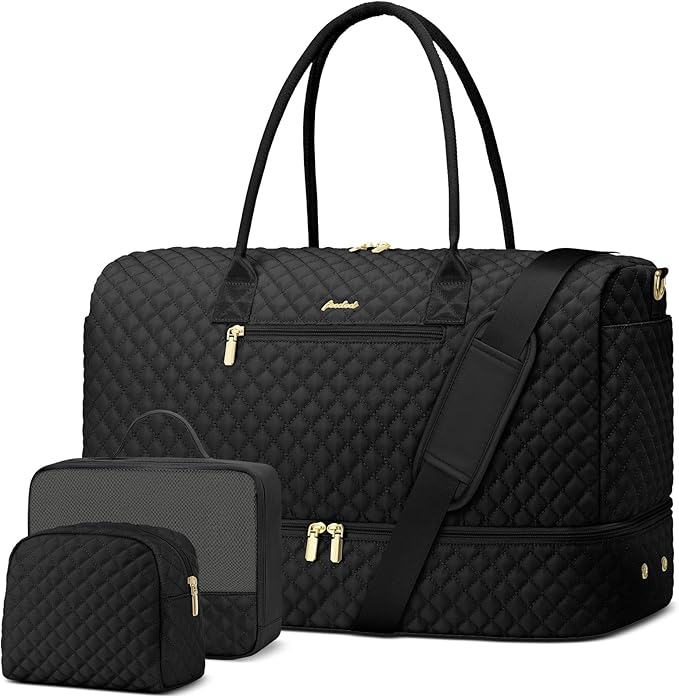 Travel Weekender Duffle Bag for Women - Overnight Bag with Shoe Compartment Carry on Bag with Toiletry Bag Gym Duffel Bag with Wet Pocket Hospital Bags for Labor and Delivery 3 Pcs Set Black