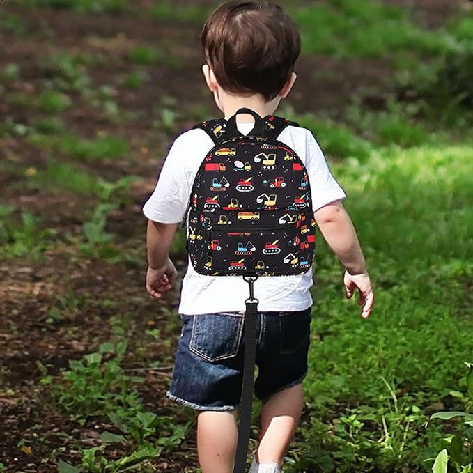 Accmor Toddler Backpack with Leash, Baby Backpacks with Anti Lost Wrist Link, Cute Mini Kids Backpack Leash Walking Harness for Travel, Small Excavator Backpack Tether for Boys Girls 1-3 (Black)