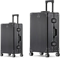 Metal All Aluminum Carry-on Luggage TSA Customs Lock Zipperless Silent Rotary Wheel Business Suitcase Aluminum Frame Set (black, 2Piece(20/26))