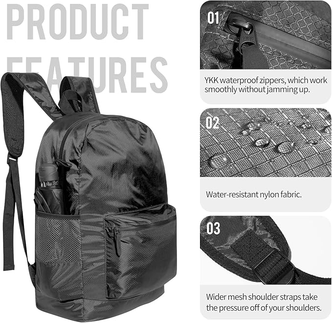 pack all 20L Lightweight Packable Backpack, Water Resistant Foldable Backpack, Travel Hiking Daypack with Waterproof Zippers (Black)