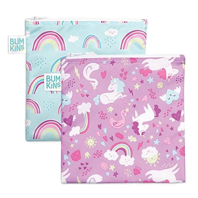 Bumkins Reusable Sandwich and Snack Bags, for Kids School Lunch and for Adults Portion, Washable Fabric, Waterproof Cloth Zip Bag, Travel Pouch, Food-Safe, Large 2-pk Unicorns and Rainbows