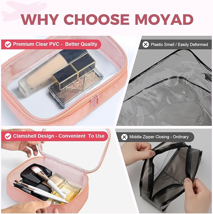 Moyad TSA Approved Clear Toiletry Bag, 2 Pack Quart Size 3-1-1 Liquids Pouch for Travel, Transparent Makeup & Cosmetic Organizer for Women Men, Peach Pink