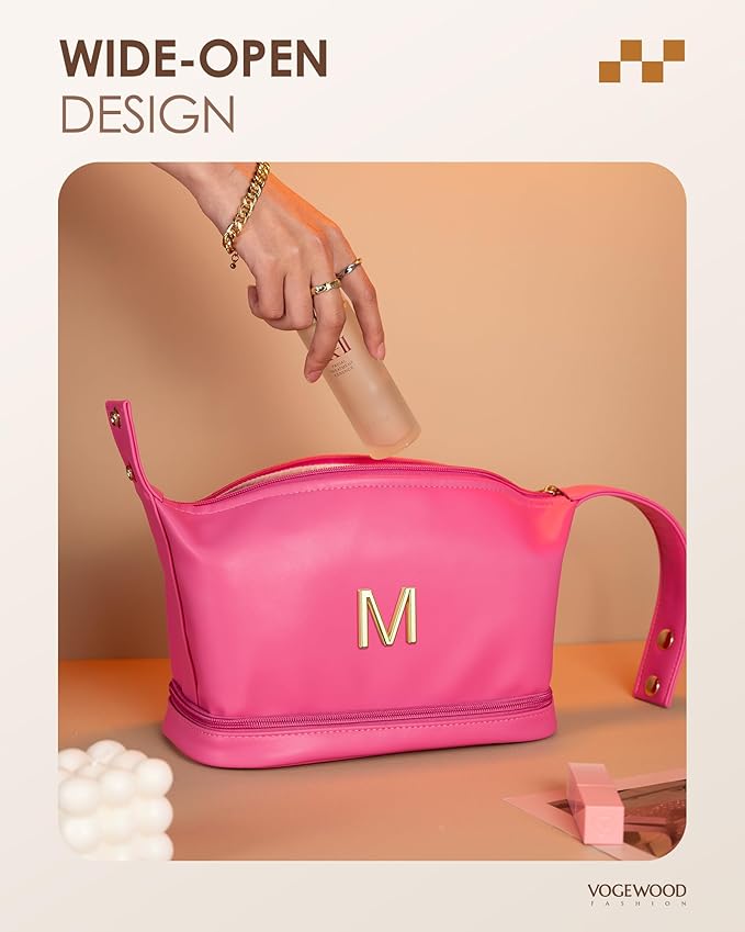 Appreciation Gifts for Her, Personalized Makeup Bag with Handle, Initial Double Layer Cosmetic Bag with Makeup Brush Organizer, Cute Cosmetic Pouch for Women, Gift Ideas for Teen Girls