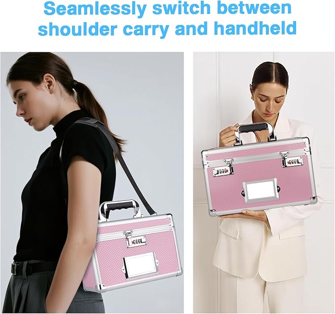 10.2 x 7 x 7.5 Inch Lockable Storage Box with Combination Lock, Portable Safe for Documents, Medicine, Cash & Valuables, Medicine Lock Box with Label Slot for Home, Office & Travel - Pink