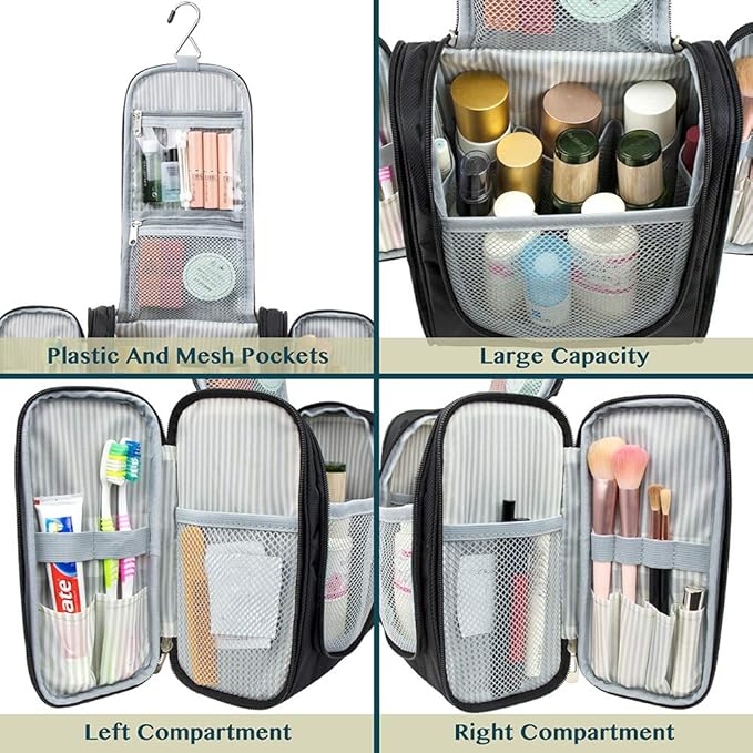 PAVILIA Toiletry Bag Travel Bag for Women Men, Hanging Cosmetic Organizer, Water Resistant Makeup Bag for Accessories Toiletries, Large Travel Essentials Kit (Black)