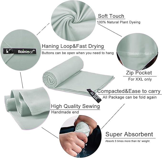 Rainleaf Microfiber Towel Perfect Travel & Gym & Camping Towel. Quick Dry - Super Absorbent - Ultra Compact - Lightweight. Suitable for Trip, Beach, Shower, Backpacking, Pool