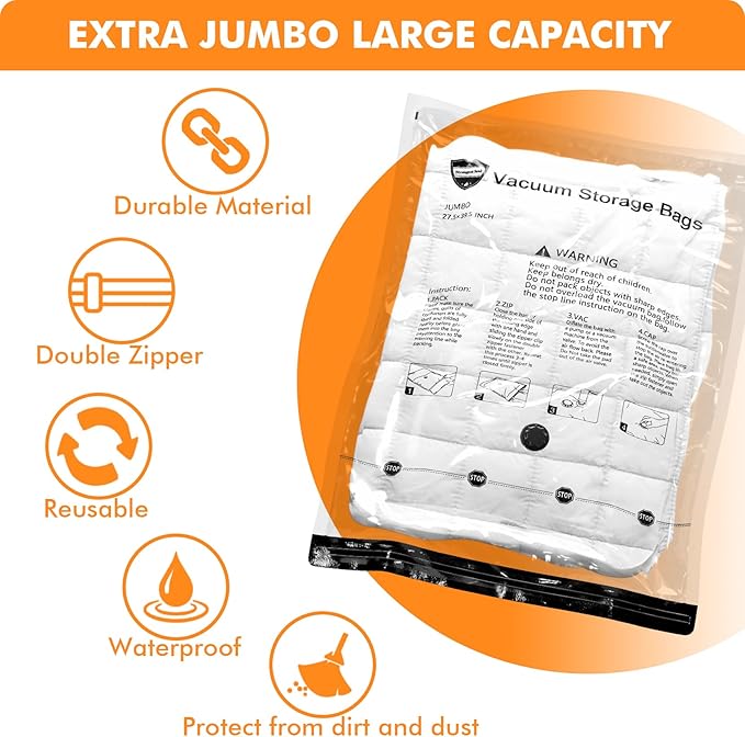 15 Pack Vacuum Storage Bags with Electric Pump (3 Jumbo, 3 Large, 3 Medium, 3 Small, 3 Roll Up), Plastic Packaging Bags,Space Saver Sealer Bag for Blankets, Comforters, Pillows, Clothes Storage