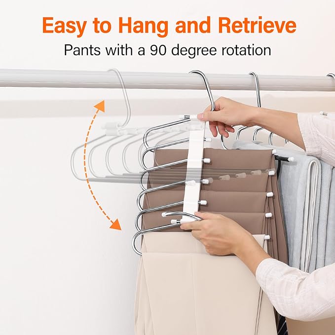 Upgraded Collapsible Pants Hangers Space Saving, 6 Layers Clothes Rack, Stainless Steel Multifunctional Closet Organizer, Non Slip Metal Hangers for Pants Jeans Skirts Trousers (1 Pack)