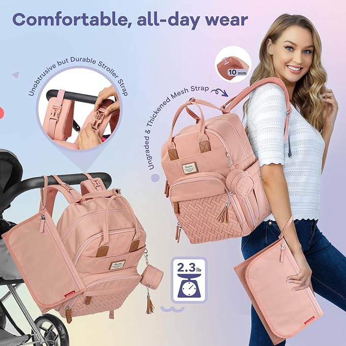 RUVALINO Diaper Bag Backpack, Multifunction Travel Pack Maternity Baby Changing Bags, Large Capacity, Waterproof, Pink