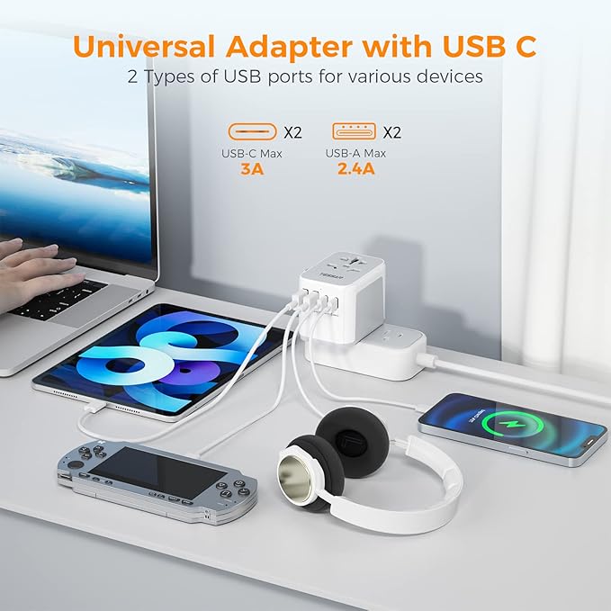 TESSAN Universal Travel Adapter 21W, International Plug Adaptor with 2 USB C Wall Charger 2 USB A Ports, Worldwide Power Outlet Travel Essentials for US to European EU UK AUS (Type C/G/A/I)