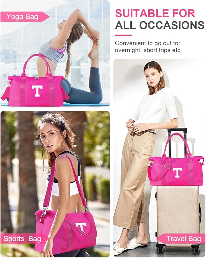 Overnight Bag for Kids Teen Girls Weekender Dance Bag Birthday Graduation Gifts,Initial Travel Duffel Bag Sports Gym Bag Personalized Weekender Bag Carry On Bags Preppy Gifts for Women(Hot Pink, T)
