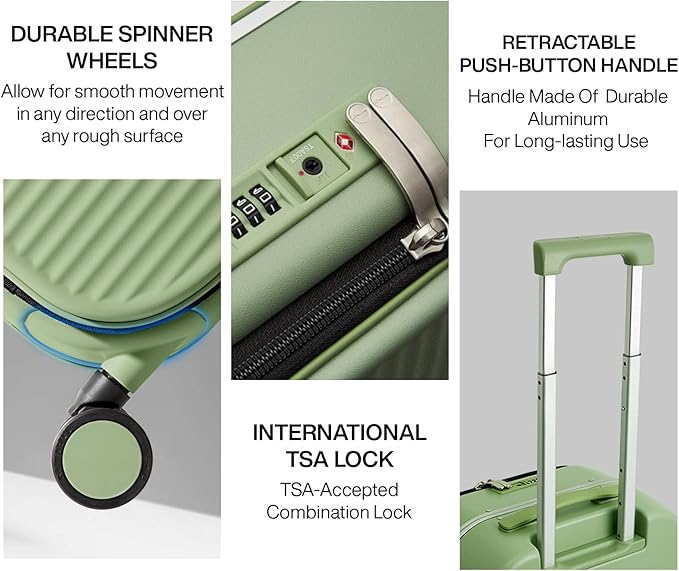 mixi Carry On Luggage, 18'' Suitcases with Spinner Wheels, Rolling Travel Suitcase with Front Laptop Pocket Luggage Aluminum Frame PC Hardside with TSA Lock and Cover, Avocado Green