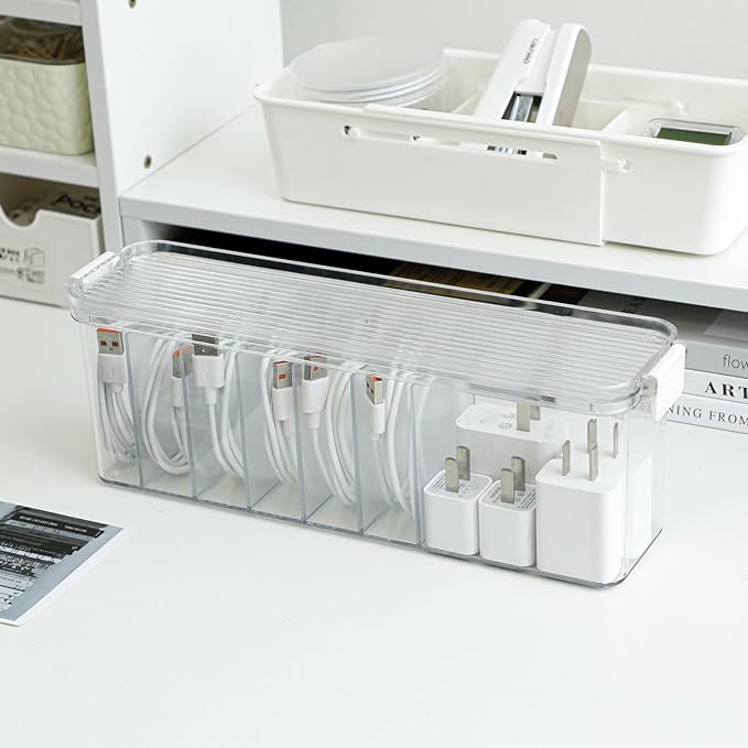 Yesesion Plastic Cable Organizer Box with 7 Compartments, Clear Cords Storage Case for Desk Drawer Accessories, Phone Charger, Art Crafts, Stationery Holder for Marker Pen, Pencils, Crayons
