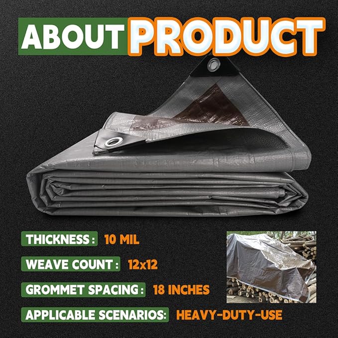 RAINDEWAY Tarps Heavy Duty Waterproof 20x40 Feet, 10Mil Multipurpose Large Tarp Cover with Metal Grommets and Reinforced Edges, Silver/Brown Tarp