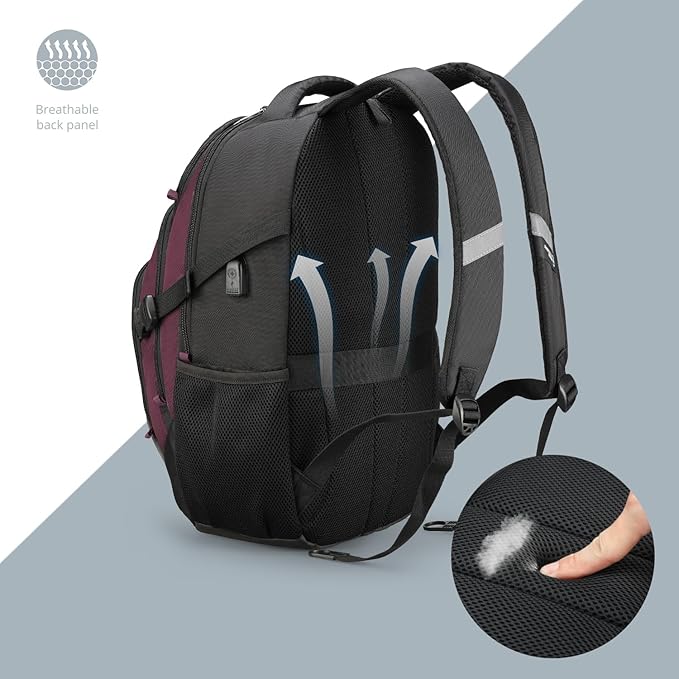 Swissdigital Design Laptop Backpack with USB Charging Port, TSA Travel Backpack Fits 15.6 inches Computer, 31L College School Backpack for Women, Burgundy/Black | SD803