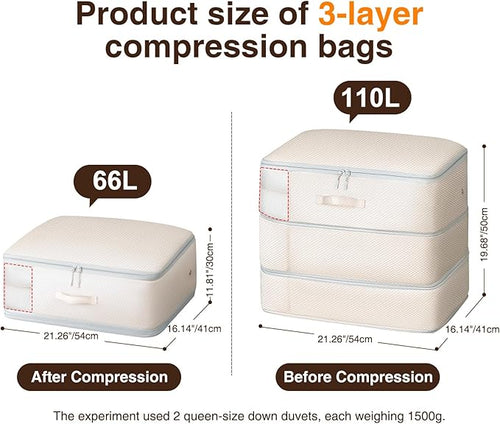 6 Pack Compression Storage Bags - 110L Large Capacity Comforter Storage Bag, 3-Layer Washable Ultra Space Saving Self Compression Organizer Space Bags for Blankets, Sweaters, Sheets, Beige