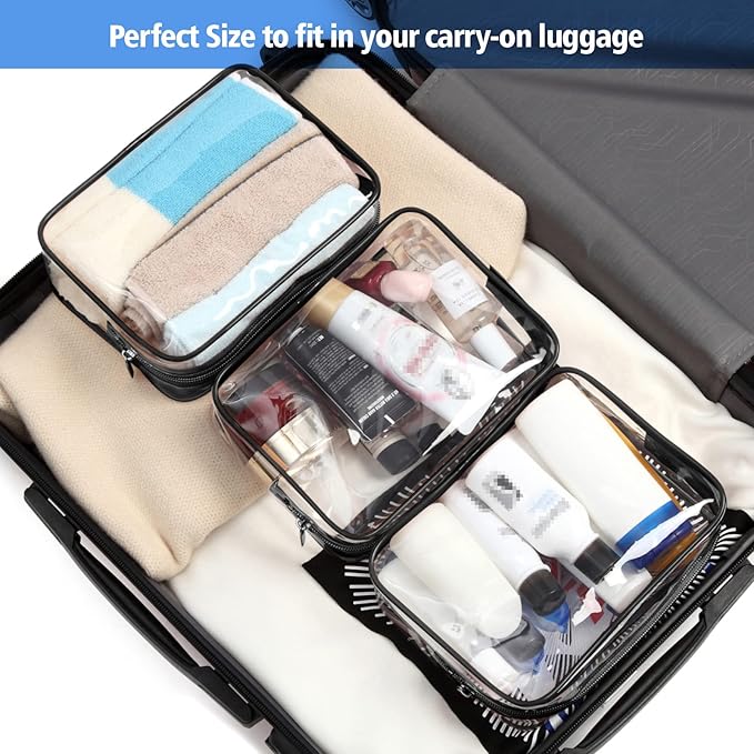 PACKISM Clear Makeup Bags, 4 Pack Quart Size Travel Bag TSA ApprovedTravel for Toiletries, Cosmetic Bags Carry on Clear Toiletry TSA Approved Toiletry, Black
