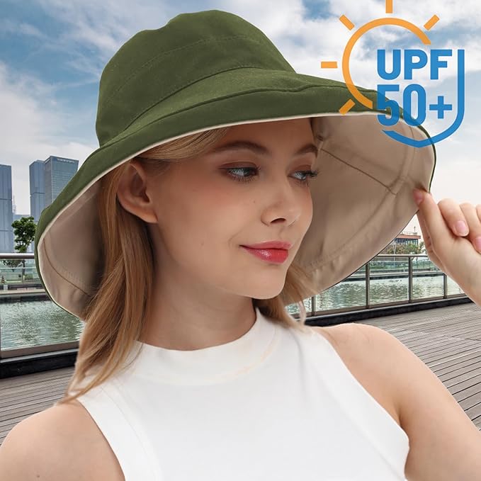 vidsel Womens Sun Hats Wide Brim Reversible Bucket Cotton Hat Packable Summer Travel Cap with Hat Clip,UV Protection