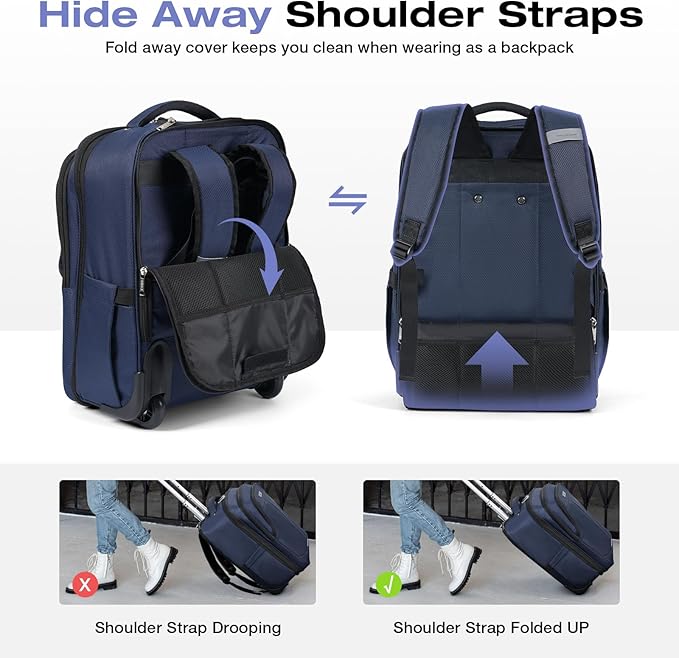 Rolling Backpack for Adults,17 Inch Waterproof Carry-on Backpack with Wheels, Wheeled Backpack Carry-on Luggage, Travel Backpack for Men Women， Trolley Laptop Backpack， Navy Blue Medium